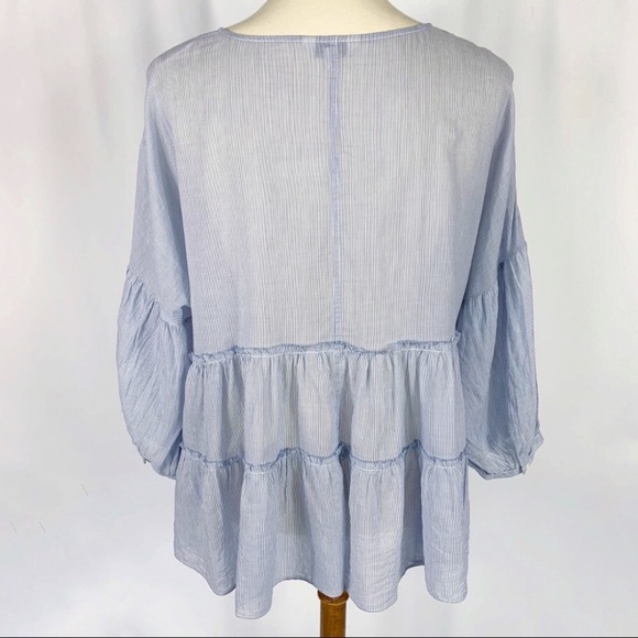 Lucky Brand blue & white stripe 3/4 balloon sleeve ruffle tiered top, Small - Picture 2 of 4